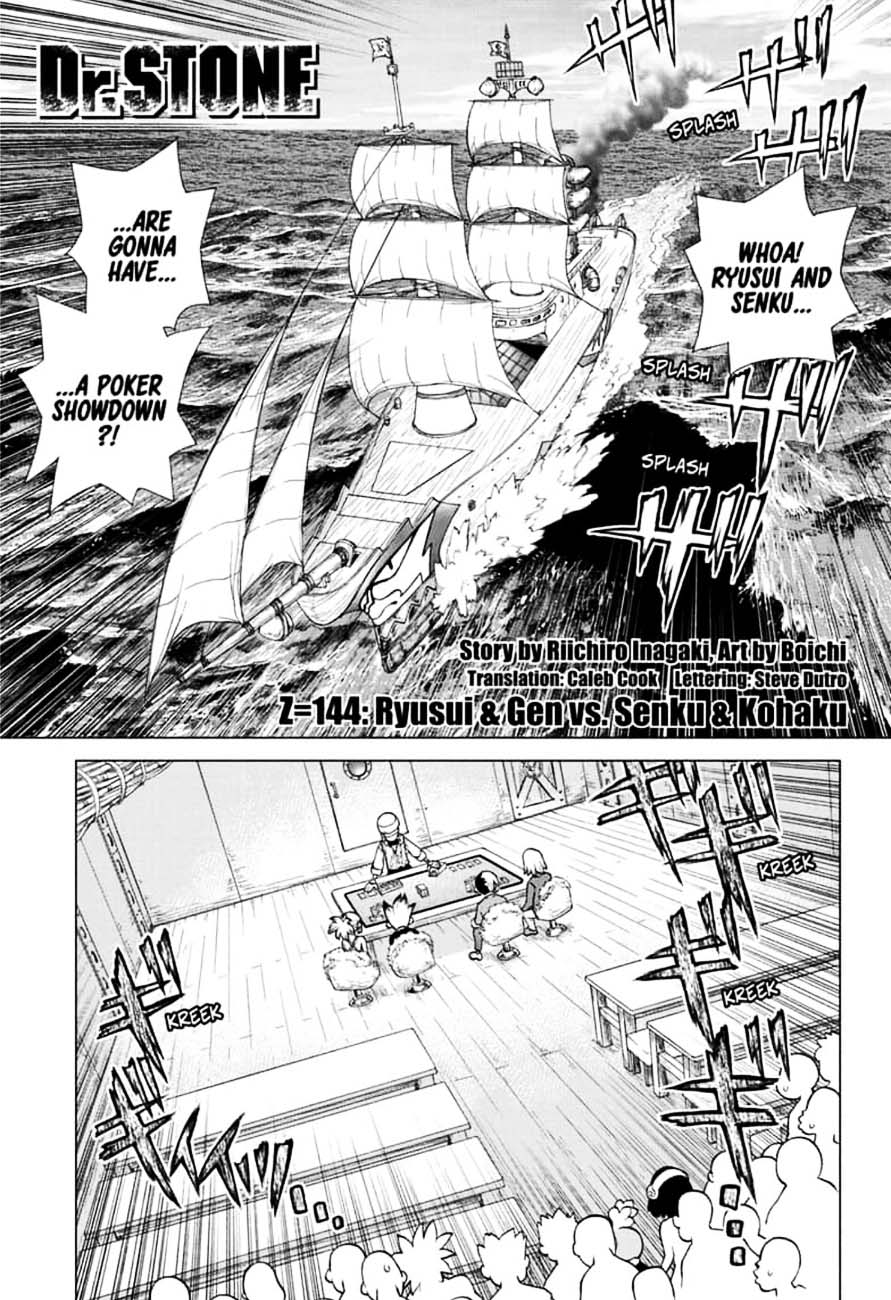 Dr. Stone Manga Chapter 144 page 1 - Ryusui & Gen vs. Senku & Kohaku