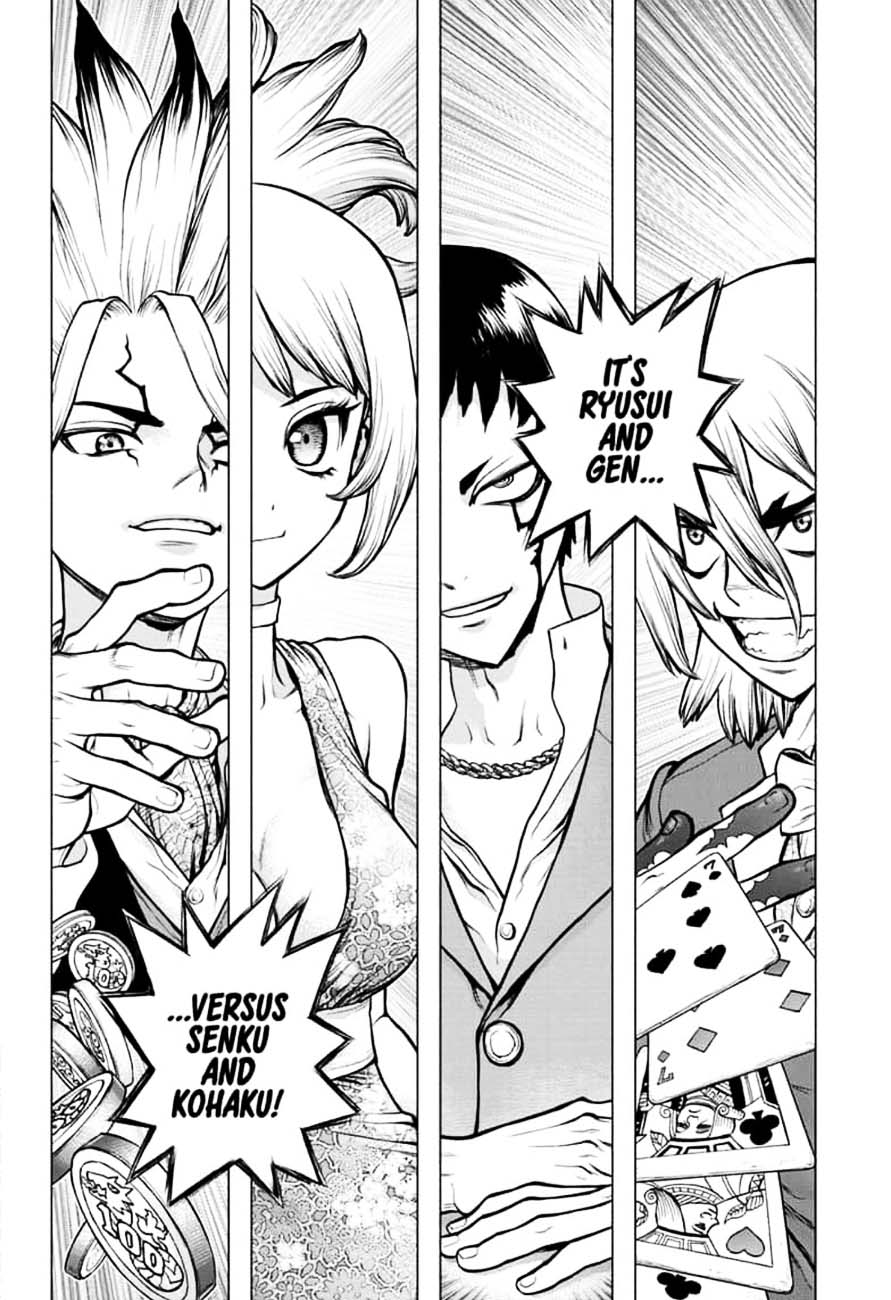 Dr. Stone Manga Chapter 144 page 2 - Ryusui & Gen vs. Senku & Kohaku